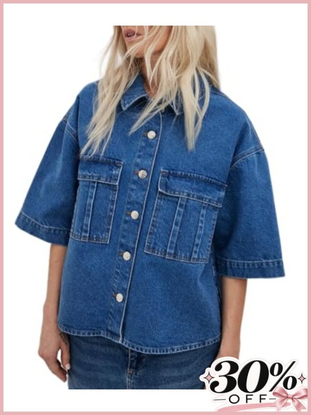 Oversized Cropped Denim Button Down Shirt Short Sleeve Jean Top